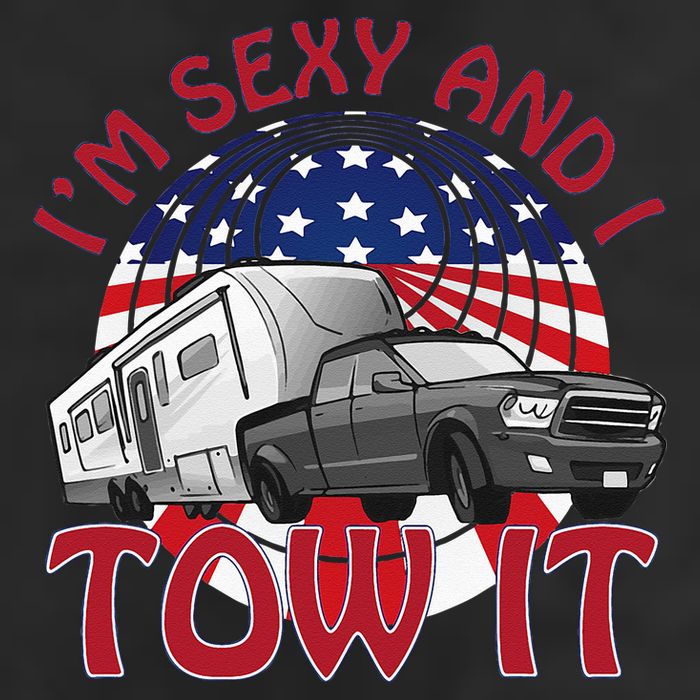 I'm Sexy and I Tow It 5th wheel USA Flag Sunset camping 7 Panel Mesh Trucker Snapback Hat