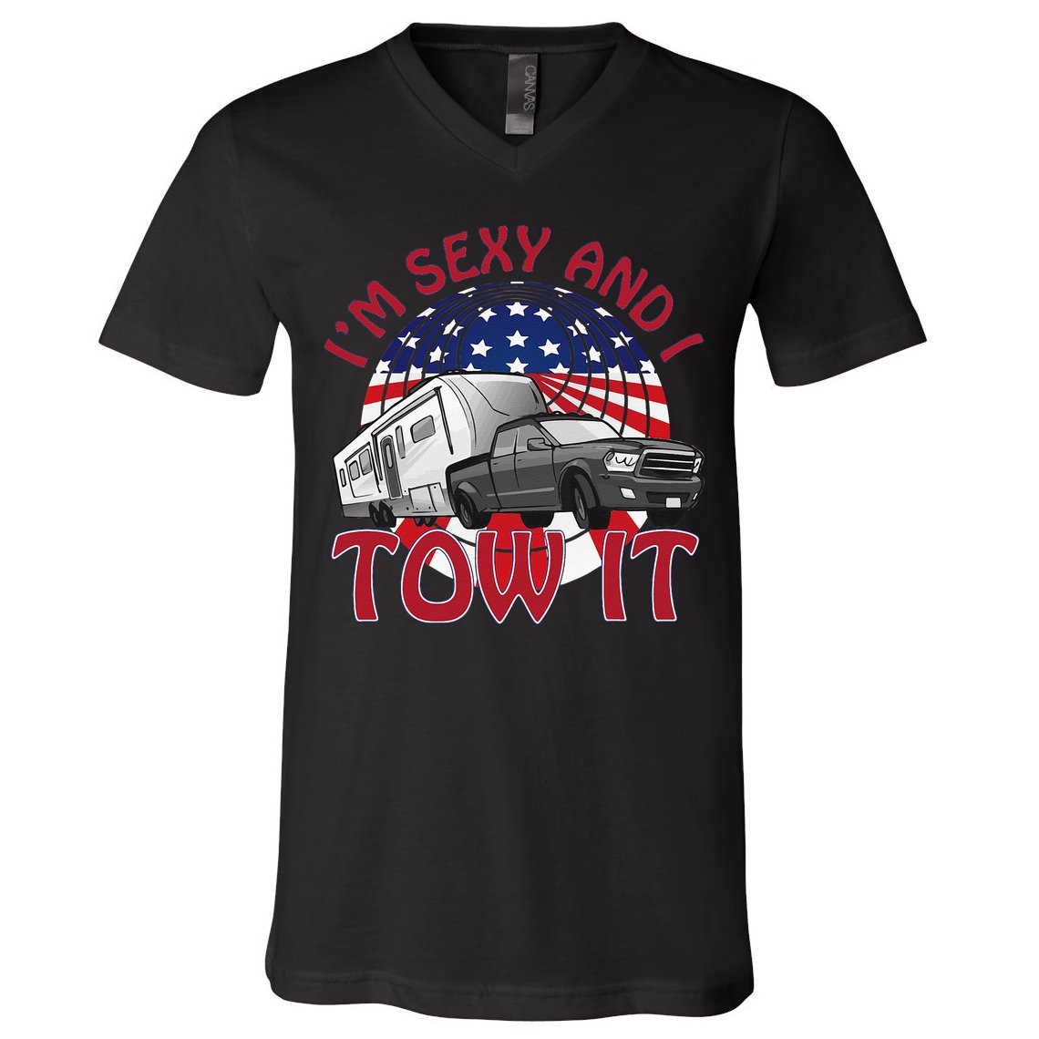 I'm Sexy and I Tow It 5th wheel USA Flag Sunset camping V-Neck T-Shirt