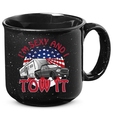 I'm Sexy and I Tow It 5th wheel USA Flag Sunset camping 15oz Campfire Ceramic Mug