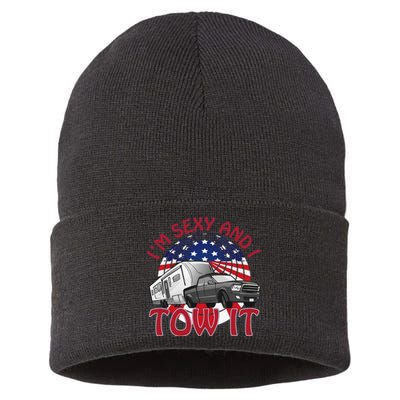 I'm Sexy and I Tow It 5th wheel USA Flag Sunset camping Sustainable Knit Beanie