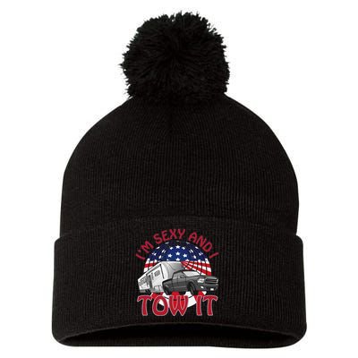 I'm Sexy and I Tow It 5th wheel USA Flag Sunset camping Pom Pom 12in Knit Beanie