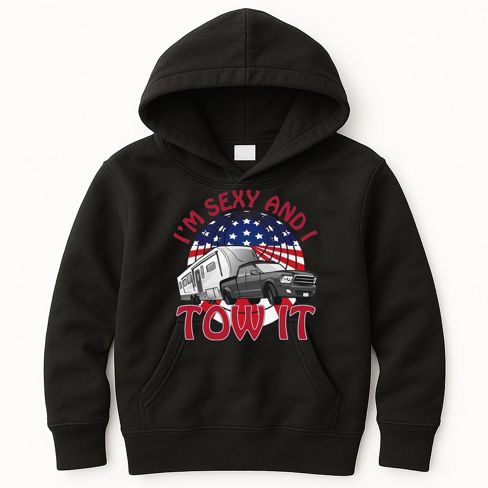 I'm Sexy and I Tow It 5th wheel USA Flag Sunset camping Kids Hoodie