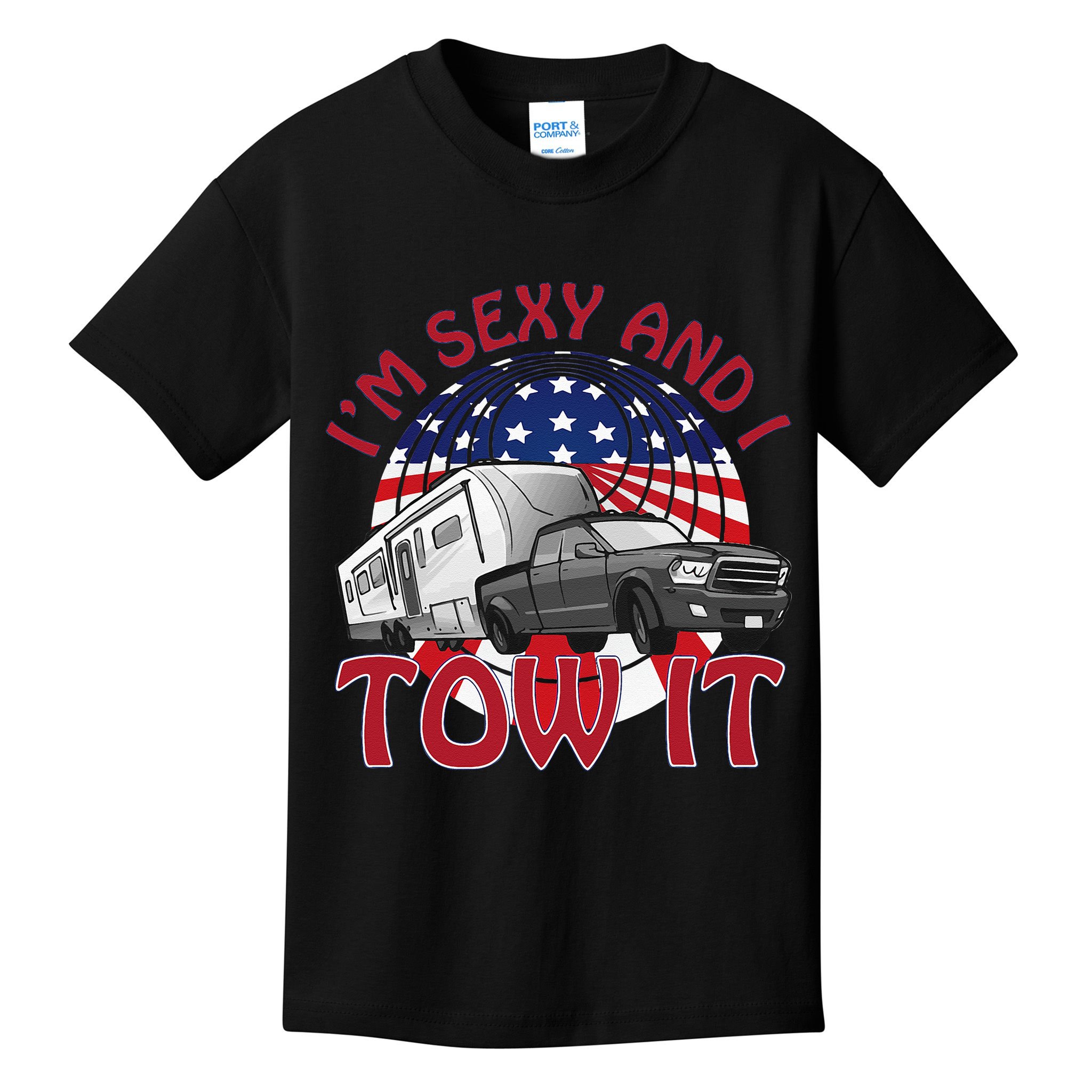 I'm Sexy and I Tow It 5th wheel USA Flag Sunset camping Kids T-Shirt