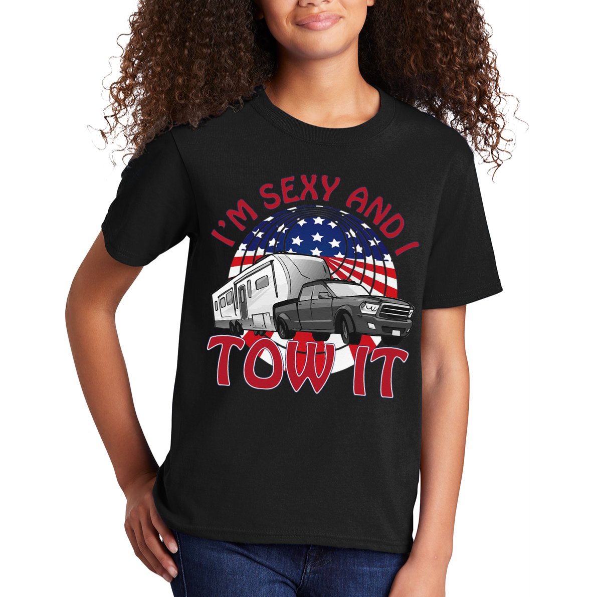 I'm Sexy and I Tow It 5th wheel USA Flag Sunset camping Kids T-Shirt