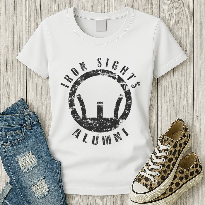 Iron Sights Alumni Boot Camp Shooting Marksmanship Veteran Womens T-Shirt