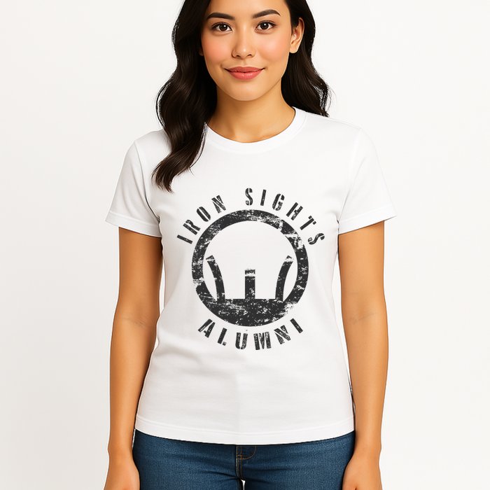 Iron Sights Alumni Boot Camp Shooting Marksmanship Veteran Womens T-Shirt