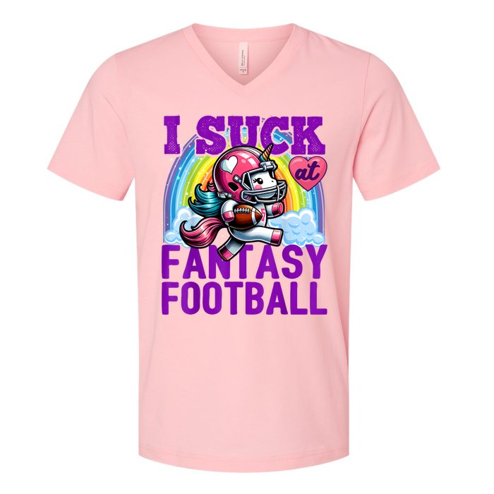 I Suck At Fantasy Football Unicorn Rainbow Loser V-Neck T-Shirt