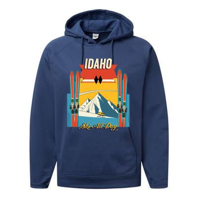 Idaho Ski All Day Cool Gift Retro Vintage Style Skiing Great Gift Performance Fleece Hoodie