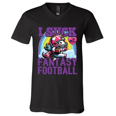 I Suck At Fantasy Football Unicorn Rainbow Loser V-Neck T-Shirt