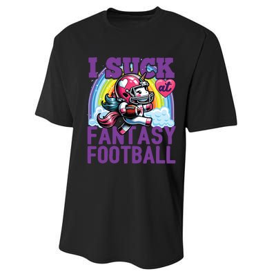 I Suck At Fantasy Football Unicorn Rainbow Loser Performance Sprint T-Shirt