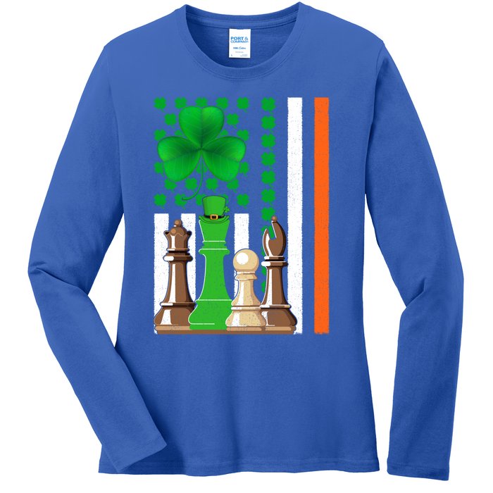 Irish Shamrock American Flag Chess Game St Patrick's Day Great Gift Ladies Long Sleeve Shirt