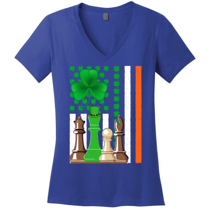 Irish Shamrock American Flag Chess Game St Patrick's Day Great Gift Women's V-Neck T-Shirt