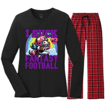 I Suck At Fantasy Football Unicorn Rainbow Loser Gift Women's Long Sleeve Flannel Pajama Set 