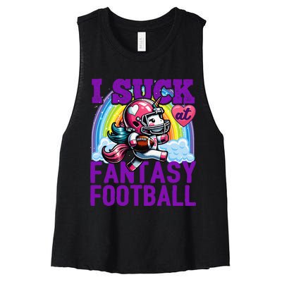 I Suck At Fantasy Football Unicorn Rainbow Loser Gift Women's Racerback Cropped Tank