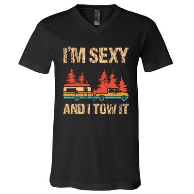 IM Sexy And I Tow It Bigfoot Camp Trees Hike Hiking Camping V-Neck T-Shirt