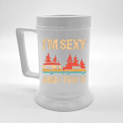 Im Sexy And I Tow It Bigfoot Camp Trees Hike Hiking Camping Beer Stein