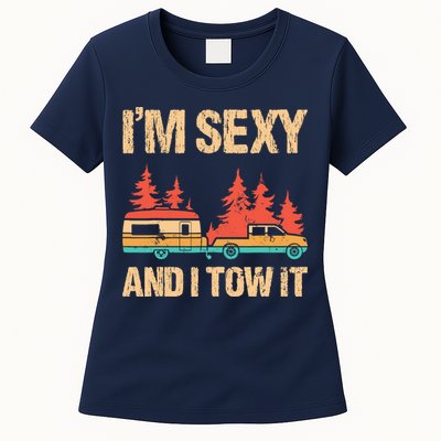 IM Sexy And I Tow It Bigfoot Camp Trees Hike Hiking Camping Womens T-Shirt