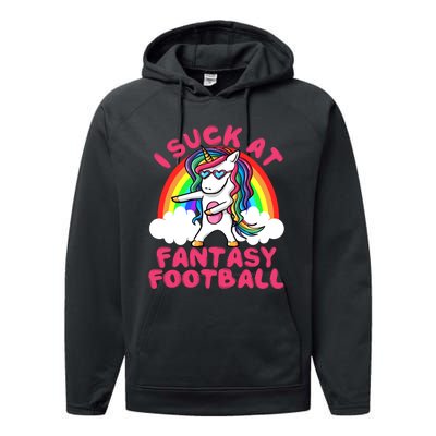 I Suck At Fantasy Football Loser Trophy Unicorn Rainbow Performance Fleece Hoodie