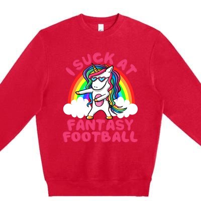 I Suck At Fantasy Football Loser Trophy Unicorn Rainbow Premium Crewneck Sweatshirt