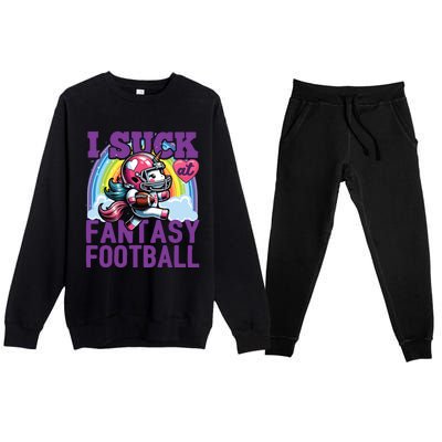 I Suck At Fantasy Football Unicorn Rainbow Loser Premium Crewneck Sweatsuit Set