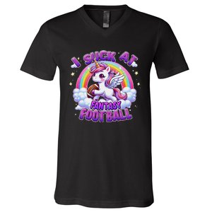 I Suck At Fantasy Football Funny Unicorn Rainbow Loser Gift V-Neck T-Shirt