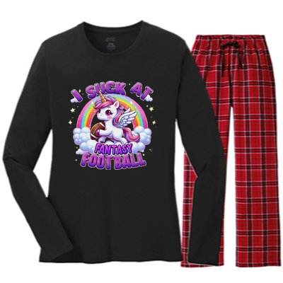 I Suck At Fantasy Football Funny Unicorn Rainbow Loser Gift Women's Long Sleeve Flannel Pajama Set 