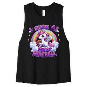 I Suck At Fantasy Football Funny Unicorn Rainbow Loser Gift Women's Racerback Cropped Tank