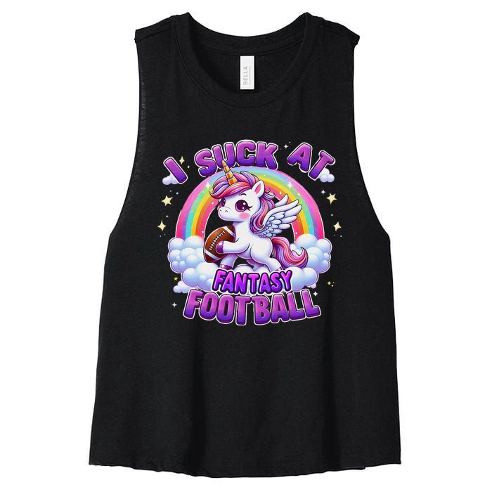 I Suck At Fantasy Football Funny Unicorn Rainbow Loser Gift Women's Racerback Cropped Tank