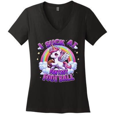 I Suck At Fantasy Football Funny Unicorn Rainbow Loser Gift Women's V-Neck T-Shirt