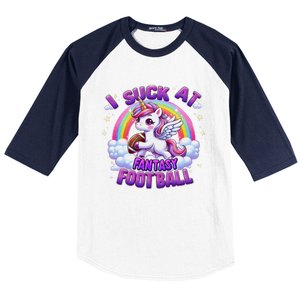 I Suck At Fantasy Football Funny Unicorn Rainbow Loser Gift Baseball Sleeve Shirt