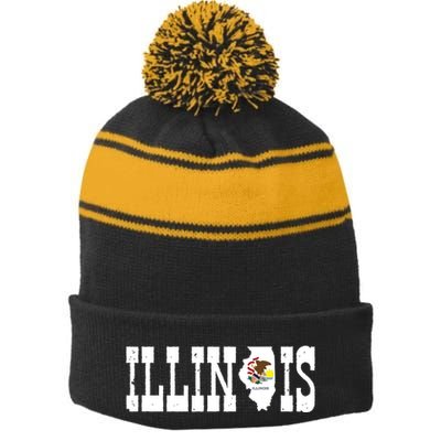 Illinois State And Illinois Flag With Pride For Illinois Stripe Pom Pom Beanie