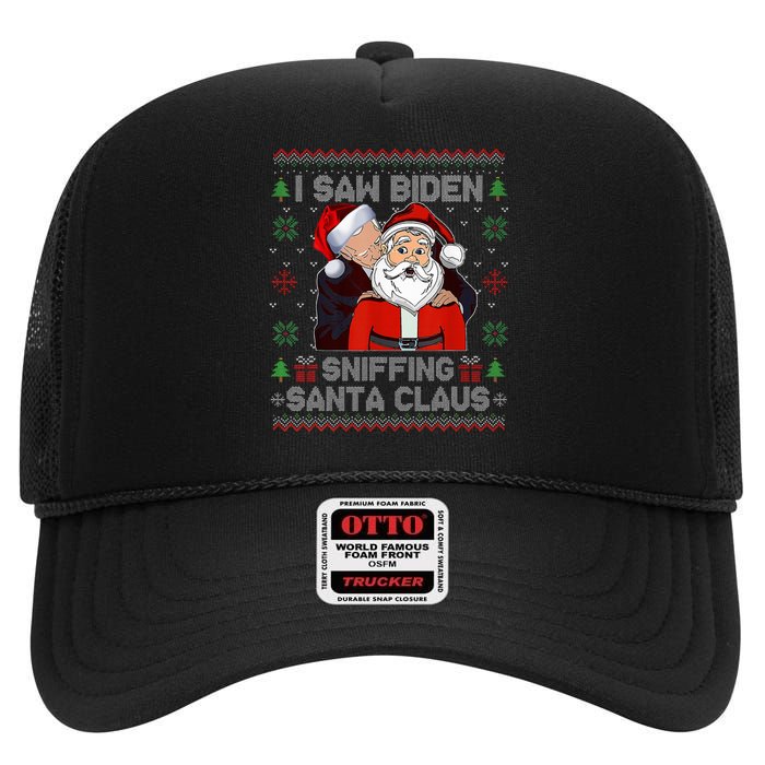 I Saw Biden Sniffing Santa Claus Funny Biden Ugly Xmas  High Crown Mesh Back Trucker Hat