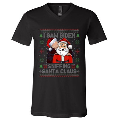 I Saw Biden Sniffing Santa Claus Funny Biden Ugly Xmas  V-Neck T-Shirt