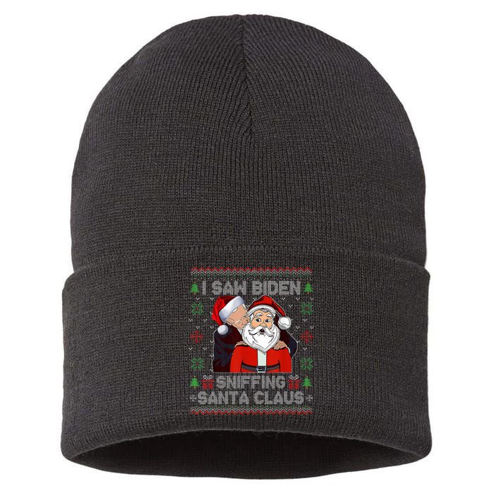 I Saw Biden Sniffing Santa Claus Funny Biden Ugly Xmas  Sustainable Knit Beanie