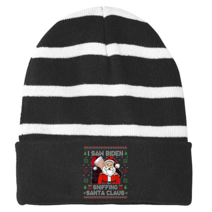 I Saw Biden Sniffing Santa Claus Funny Biden Ugly Xmas  Striped Beanie with Solid Band