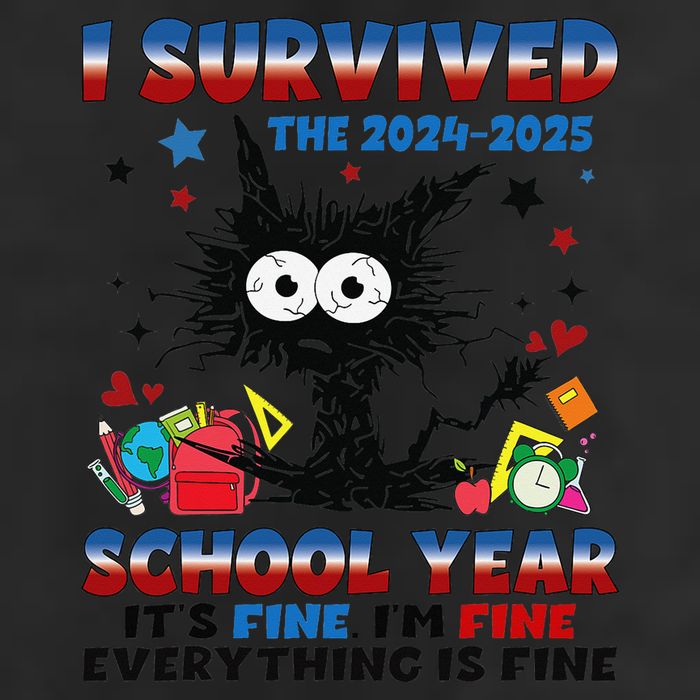 I Survived Black Cat Last Day Of The School 2025 Graduation 7 Panel Mesh Trucker Snapback Hat