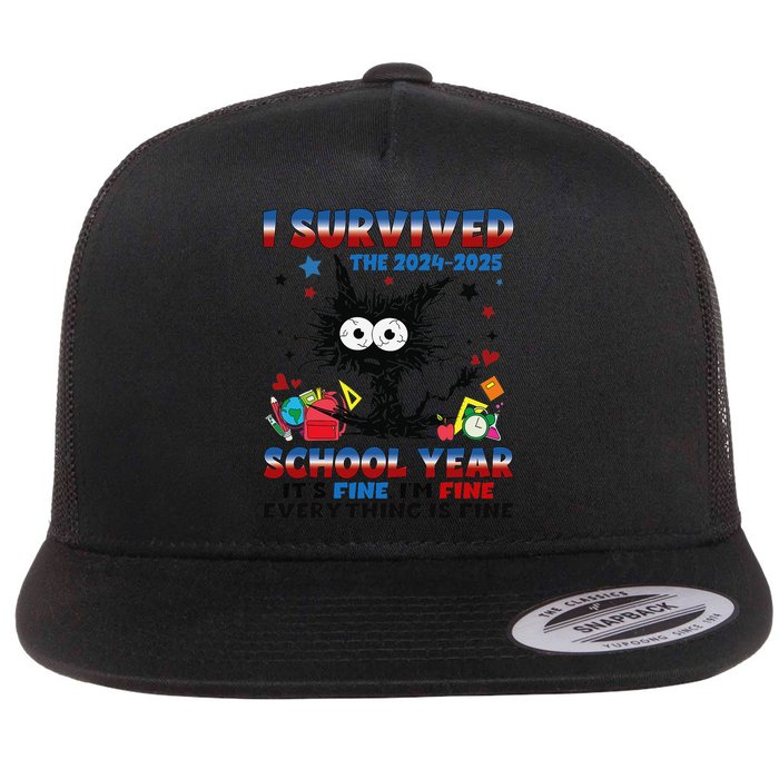 I Survived Black Cat Last Day Of The School 2025 Graduation Flat Bill Trucker Hat