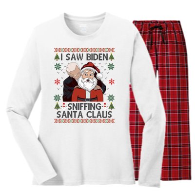 I Saw Biden Sniffing Santa Claus Funny Christmas Political Women's Long Sleeve Flannel Pajama Set 