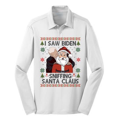 I Saw Biden Sniffing Santa Claus Funny Christmas Political Silk Touch Performance Long Sleeve Polo