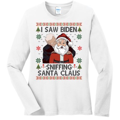 I Saw Biden Sniffing Santa Claus Funny Christmas Political Ladies Long Sleeve Shirt