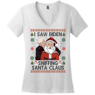 I Saw Biden Sniffing Santa Claus Funny Christmas Political Women's V-Neck T-Shirt