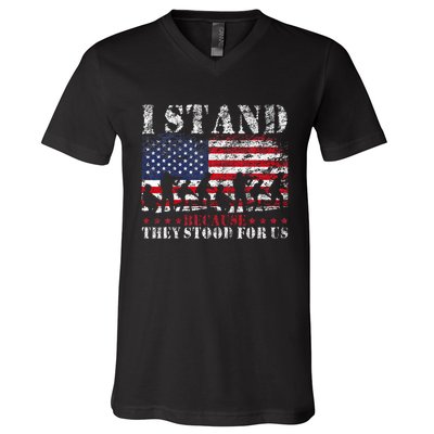 I Stand Because They Stood For Us American Flag V-Neck T-Shirt