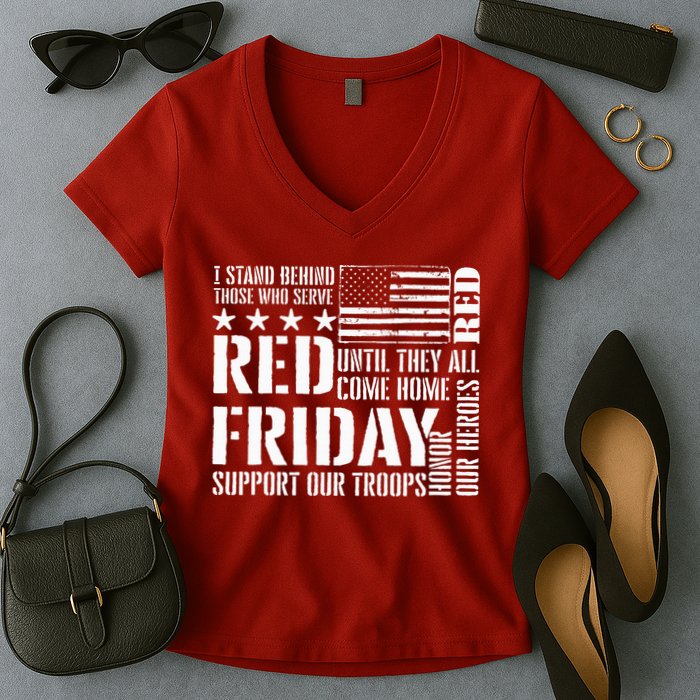 I Stand Behind Those Who Serve American Flag Red Friday Women's V-Neck T-Shirt