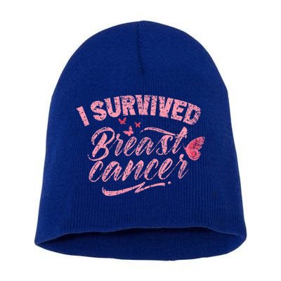 I Survived Breast Cancer Pink Support Fight Breast Cancer Gift Short Acrylic Beanie
