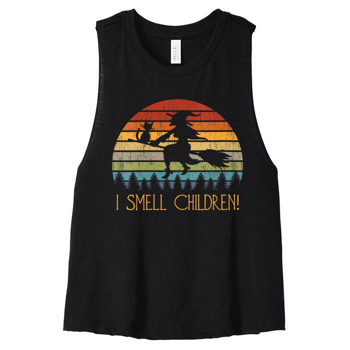 I Smell Children Halloween Witch Cat Broom Vintage Women's Racerback Cropped Tank