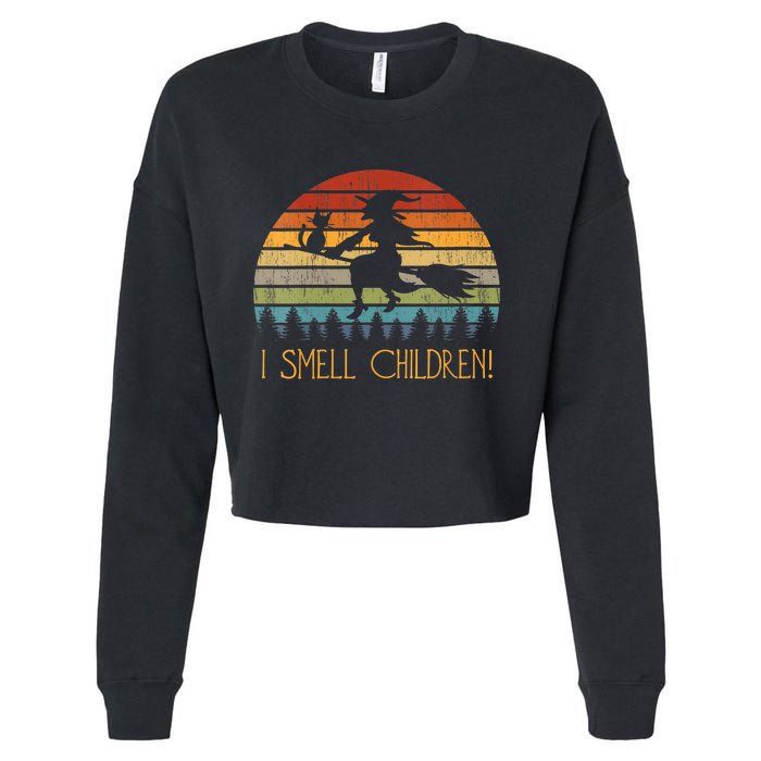 I Smell Children Halloween Witch Cat Broom Vintage Cropped Pullover Crew