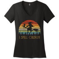 I Smell Children Halloween Witch Cat Broom Vintage Women's V-Neck T-Shirt