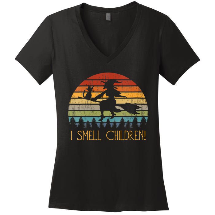 I Smell Children Halloween Witch Cat Broom Vintage Women's V-Neck T-Shirt