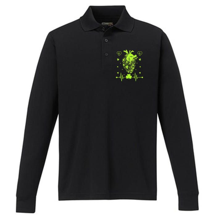 Irish Shamrock Cardiac Nurse Heart St. Patrick's Day Performance Long Sleeve Polo