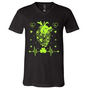 Irish Shamrock Cardiac Nurse Heart St. Patrick's Day V-Neck T-Shirt